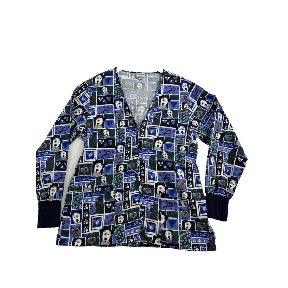 Pure Comfort Womens Medium Scrub Jacket Dog Cat Print Long Sleeve Snap Front